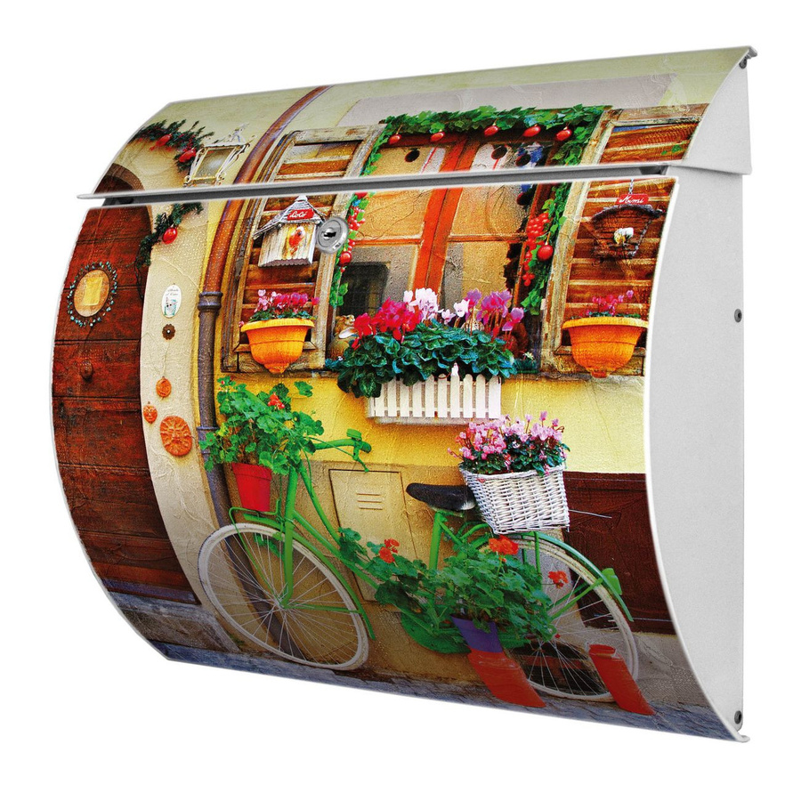 Burg-Wächter Toscana Briefkasten bunt mit Motiv Grünes Fahrrad aus Stahl und Edelstahl, B/H/T: 38 x 33 x 11 cm, mit Personalisierung in Weiß - Bild 1