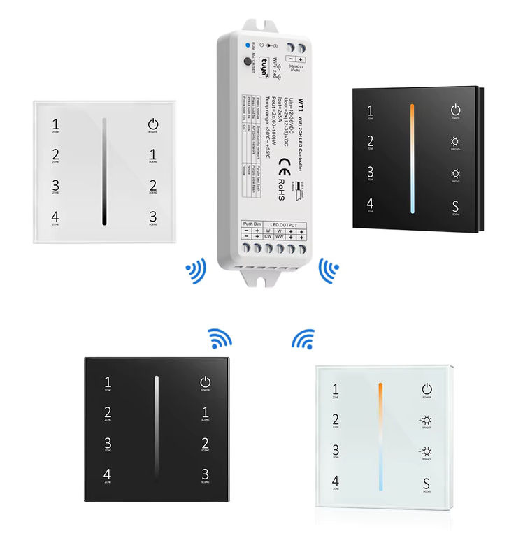 Tuya WT1 Smart Wifi LED Controller als Wand Touch Panel Dimmer für einfarbige und CCT LED Streifen, 12V 24V, mit RF Fernbedienung und 4 Zonen - Bild 2