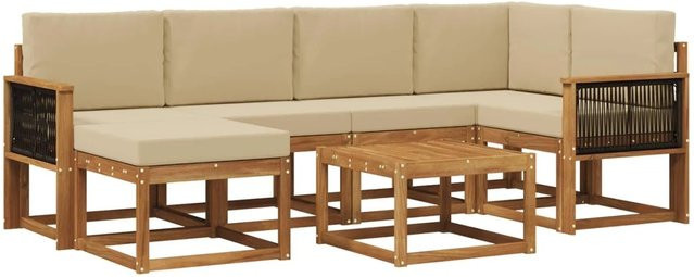 vidaXL Outdoor-Sofagarnitur aus Massivholz Akazie in L-Form mit 7 Teilen, Farbe Natur und Beige - Bild 1
