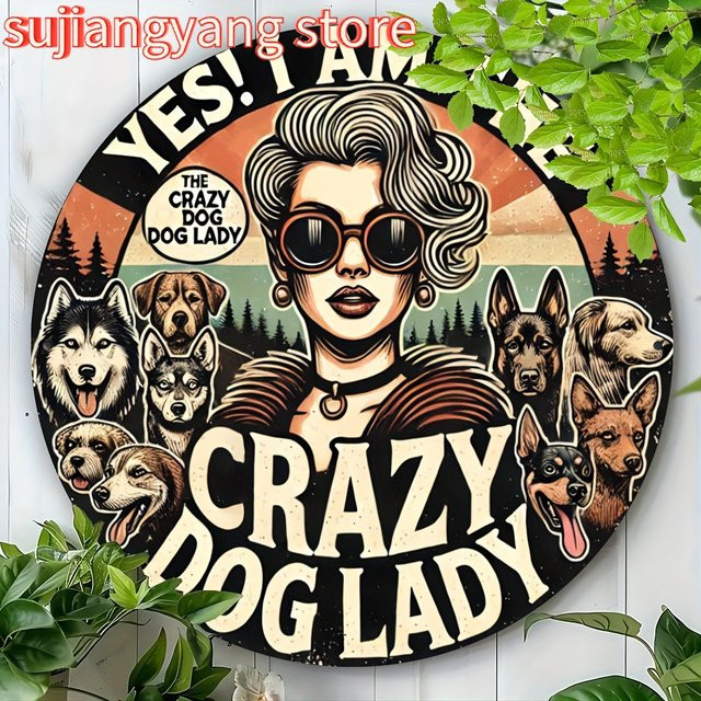 Rundschild aus Aluminium Potdemiel Crazy Dog Lady im Vintage-Stil, mehrfarbige Wandkunst aus Metall, Durchmesser: 20 cm - Bild 1