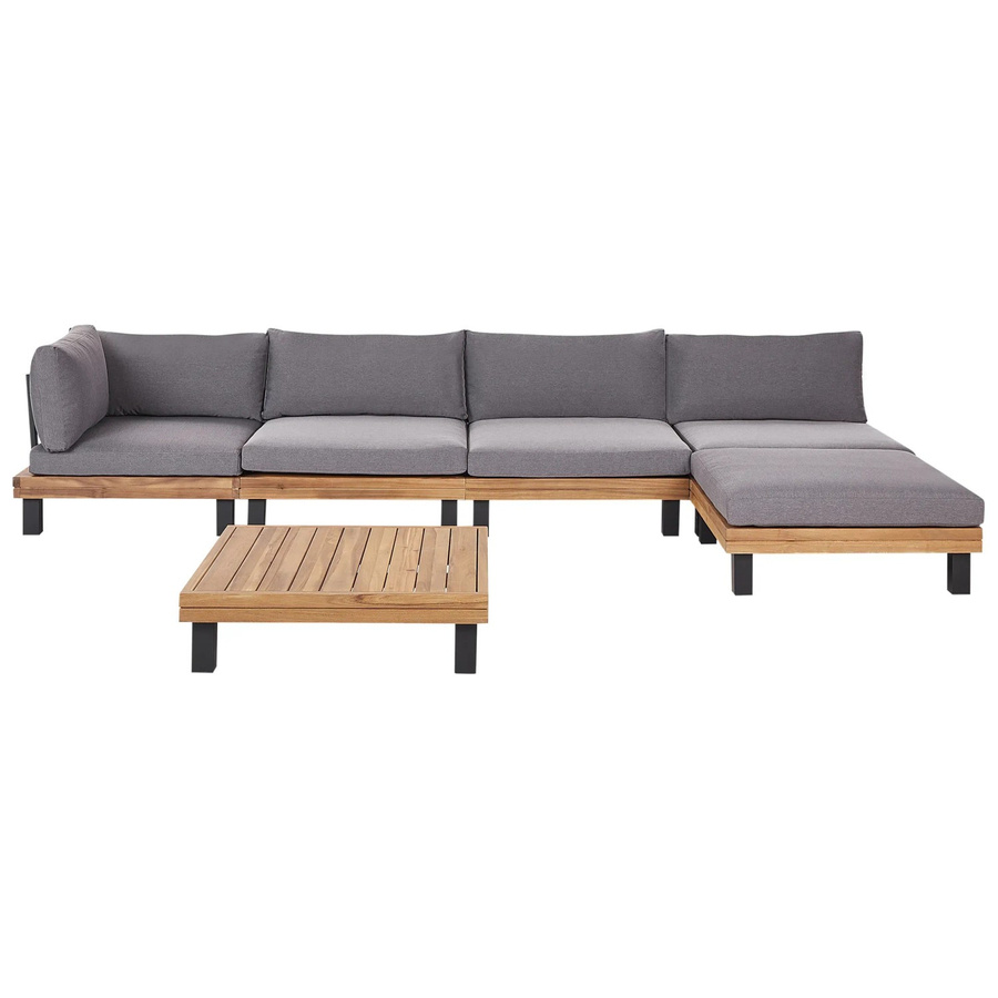 Beliani Lounge Set FRAZZANO L-Form aus Akazienholz mit Ottoman und Couchtisch, Grau, Heller Holzfarbton - Bild 2