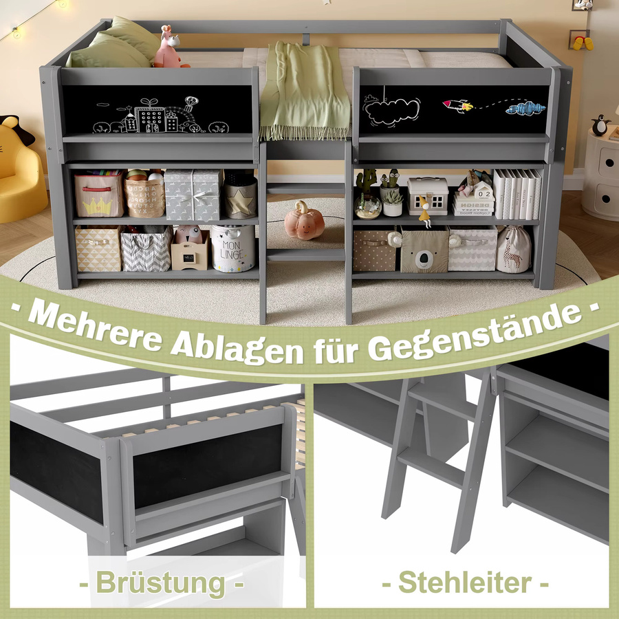 HAUSS SPOLE Kinderbett aus Massivholz mit Tafel, Stauraum und Geländer, Grau, B/T: 90 x 200 cm - Bild 3
