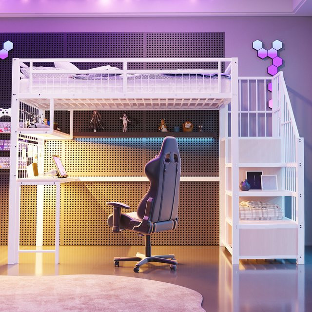 KOMHTOM Metallhochbett für Teenager mit Lichtleiste, USB-Ladebuchse, Stauraumleiter, Schreibtisch und Kleiderschrank, B/T: 90 x 200 cm - Bild 1