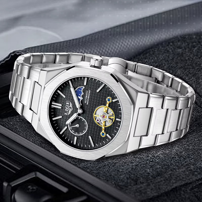 LIGE Armbanduhr Automatik, Mondphase, Edelstahl, Herren, Schwarz, Silber - Bild 2