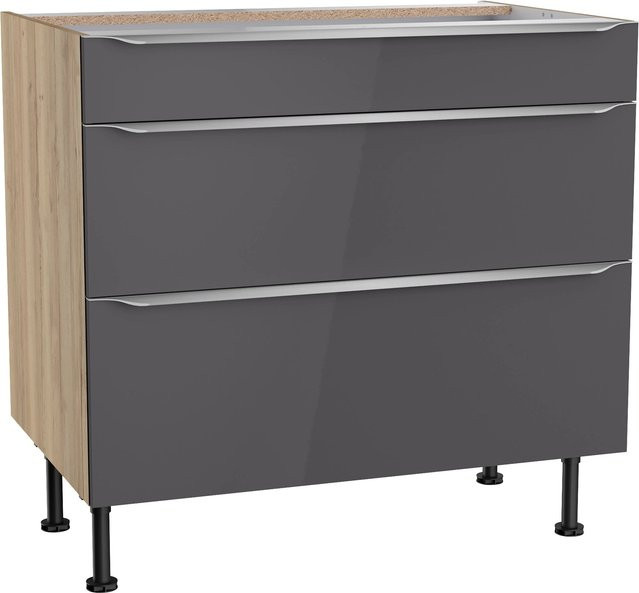 Optifit Küchen-Unterschrank Linus984 mit 3 Auszügen in Anthrazit-Wildeiche, Breite: 90 cm, Höhe: 87 cm, Tiefe: 58,4 cm - Bild 1