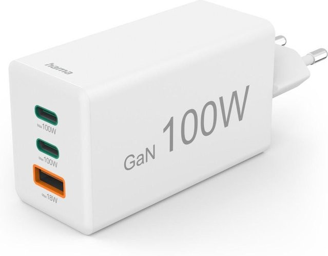 Hama GaN Schnellladegerät mit 100 W, 2x USB-C PD und 1x USB-A QC, Mini-Ladegerät in Weiß - Bild 1