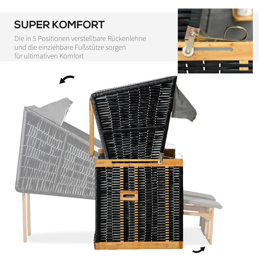 Outsunny Strandkorb in Hellgrau mit PE-Rattan, Sonnenverdeck und Schaumstoffpolsterung, B/T/H: 118 x 79 x 160 cm - Bild 2
