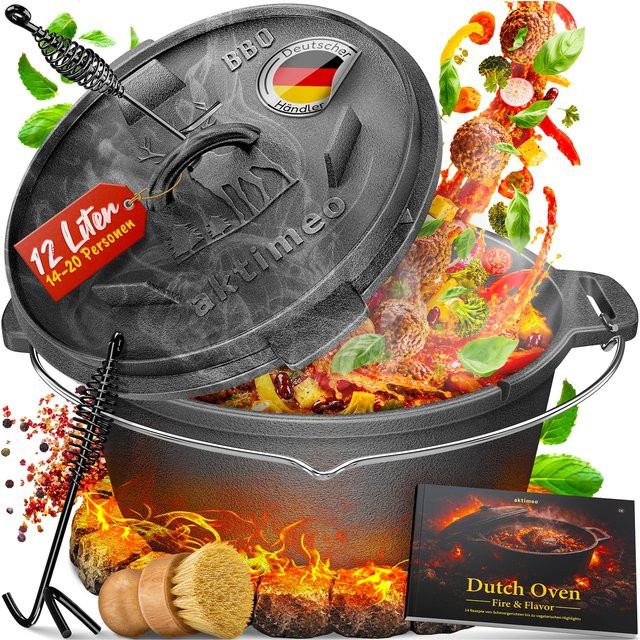 aktimeo Dutch Oven Gusseisentopf mit Deckel in Schwarz, 12 Liter, inkl. Zubehör und Rezeptbuch für Grill, Lagerfeuer, Backofen und Induktion - Bild 1