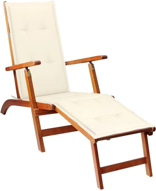 vidaXL Liegestuhl aus Akazie Massivholz mit Fußstütze und wetterfester Auflage in Cremeweiß/Beige - Bild 1