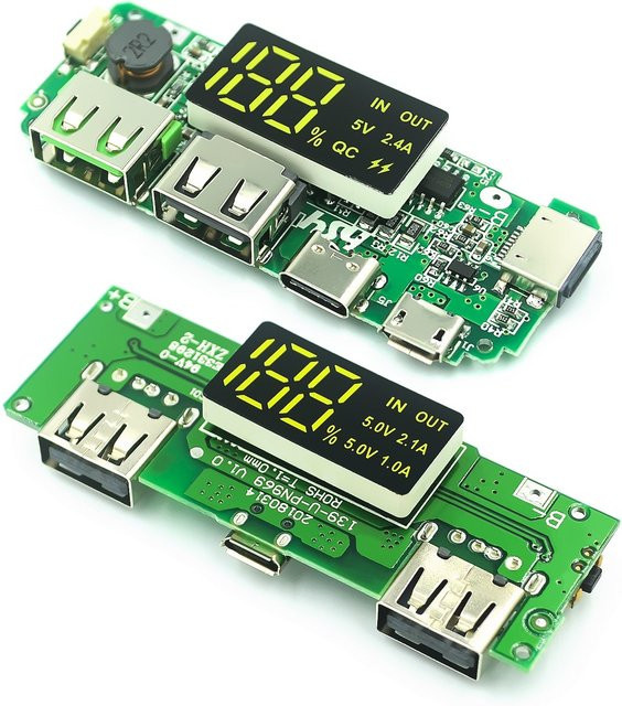 LED Dual USB Power Bank Lademodul mit Micro-USB und Typ-C Anschluss, 5 V 2,4 A, Grün - Bild 1
