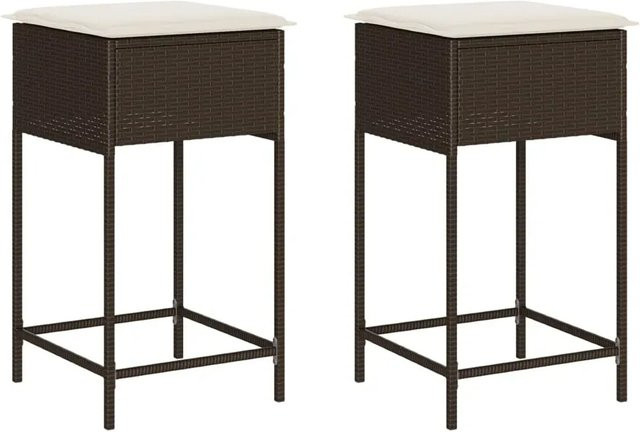 Set aus 2 vidaXL Garten-Barhockern aus braunem Poly-Rattan mit cremeweißen Kissen und pulverbeschichtetem Stahlgestell - Bild 1