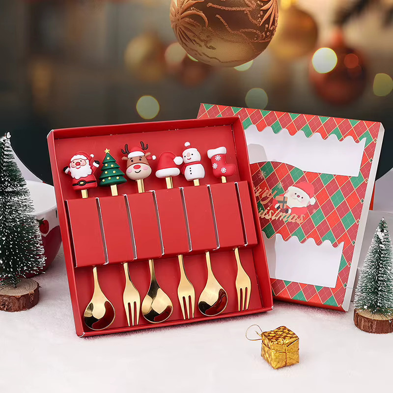 HUXUAN Weihnachts Besteckset aus Edelstahl mit Elch-Design in Gold, Löffel und Gabel für Dessert und Kaffee - Bild 5