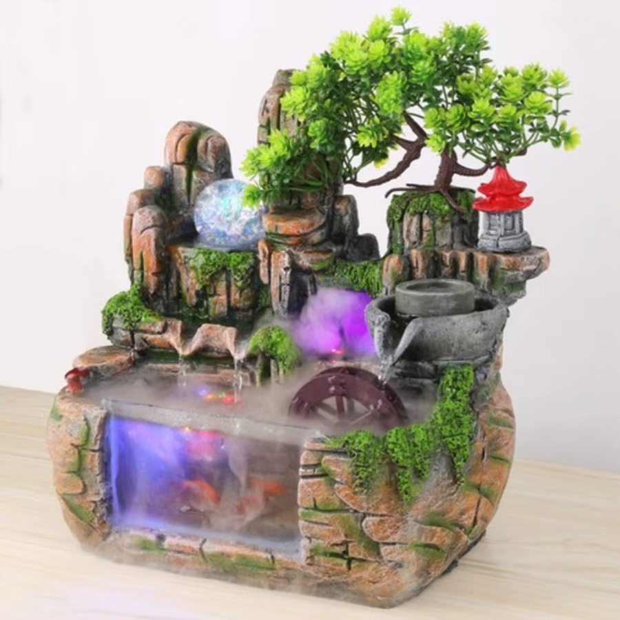 BYMAOCAR Zimmerbrunnen Wasserfallbrunnen als Tischbrunnen mit LED-Beleuchtung, Nebelfunktion und Pflanzen in Grün und Steinoptik - Bild 2