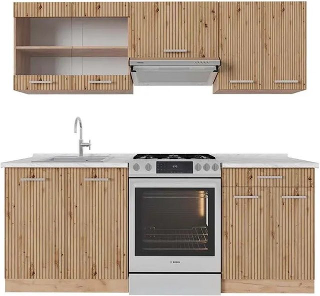 Vicco R-Line Küchenzeile Artisan-Eiche/Goldkraft Eiche in Braun mit Marmor-Optik, B/T/H: 200 x 60 x 82 cm - Bild 1