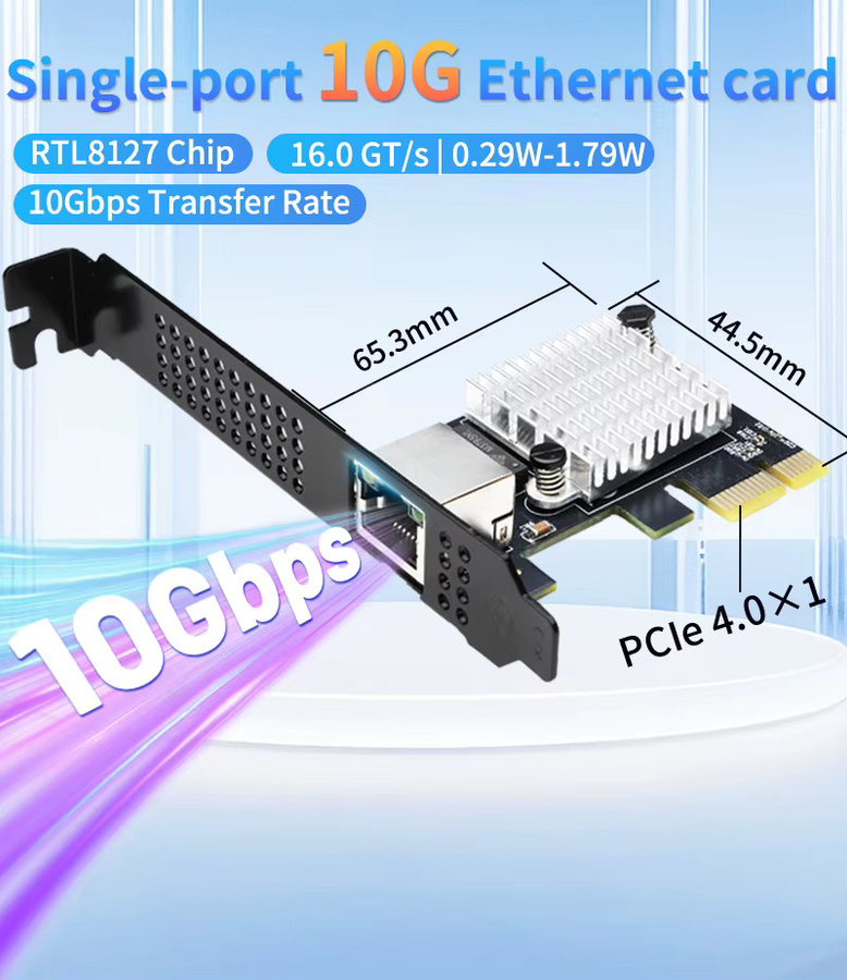 Lekuo 10G Ethernet Netzwerkkarte mit RTL8127 Chip, 1 Port PCIe 4.0 x1, 10 Gbit/s RJ45 LAN-Karte, Schwarz - Bild 2