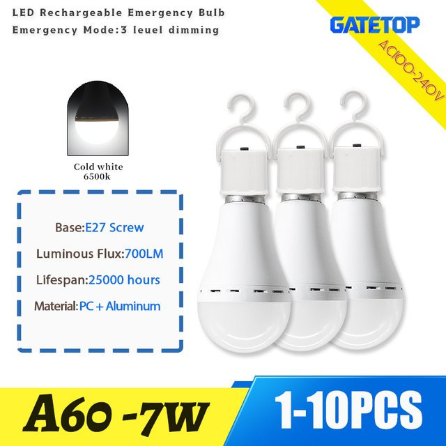 Wiederaufladbare A60 LED Notfall Lampe mit E27 Sockel, 7W, Weiß - Bild 1