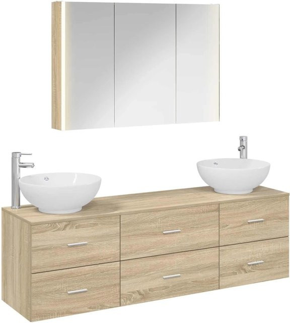 vidaXL Badezimmermöbel-Set 4-teilig in Sonoma-Eiche mit Waschtischunterschrank, Spiegelschrank und Wandunterschrank, Braun, mit LED-Beleuchtung und Glas - Bild 1