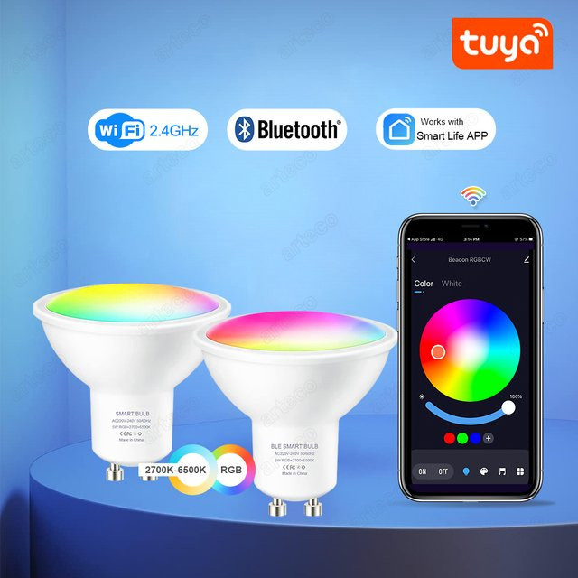 Tuya Smart GU10 LED-Strahler mit WiFi und Bluetooth, RGB+CW+WW, dimmbar, 5W, 220V, Multicolor - Bild 1