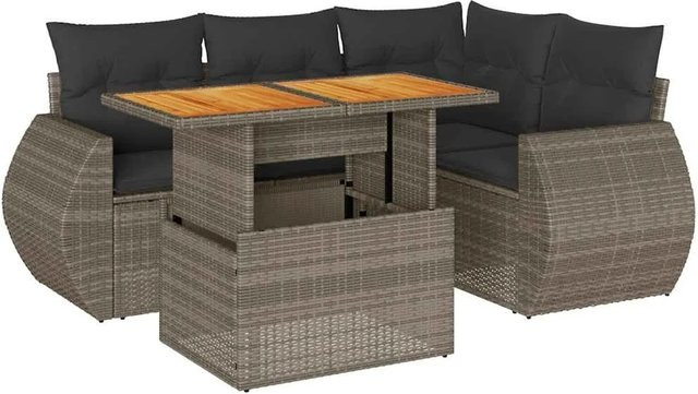 vidaXL 5-tlg Garten-Sofagarnitur in L-Form aus PE-Rattan und Akazienholz mit grauen Kissen - Bild 1