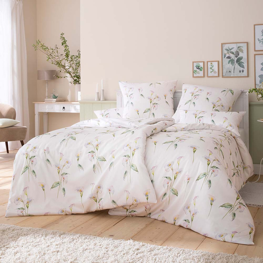 Estella Satin de Luxe Bettwäsche Calla Mako-Satin mit floralem Design in Grün und Flieder, B/H: 155 x 220 cm mit Kissenbezug 80 x 80 cm - Bild 1