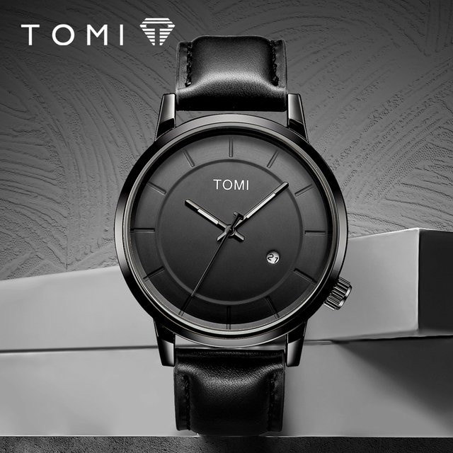 TOMI Armbanduhr, Quarz, Edelstahl, Leder, Schwarz, Herren, 46 mm - Bild 1
