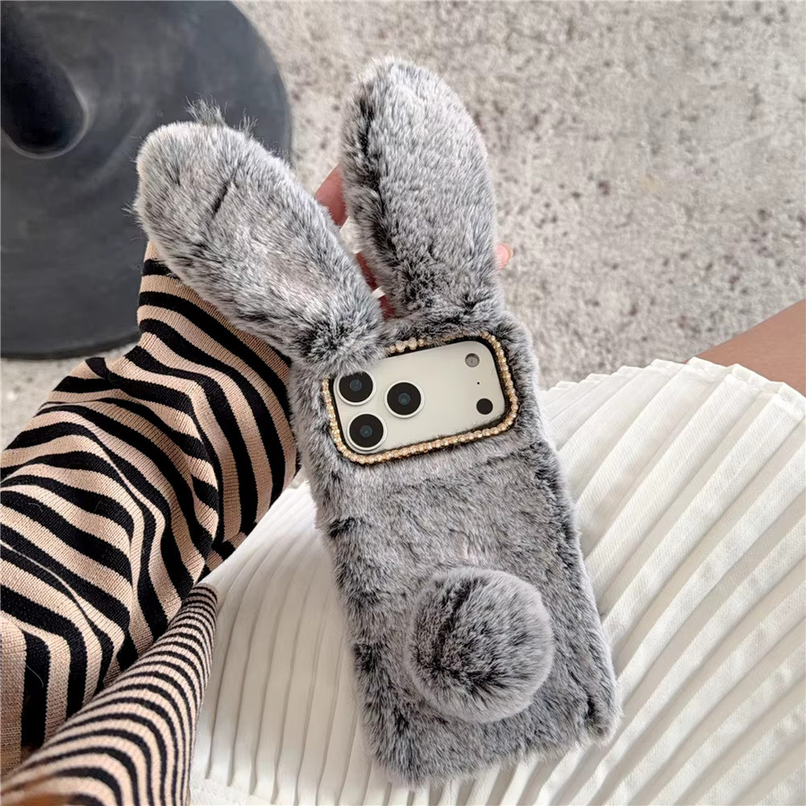 Flauschige Kaninchen Schutzhülle mit langen Ohren für Apple iPhone 11 bis 17 Pro Max Plus in Grau - Bild 2
