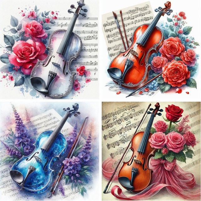 EverShine DIY Diamond Painting Set mit 4 Violine und Blumen Motiven, Multicolour Mosaik Wanddeko, B/H: 20 x 20 cm - Bild 1