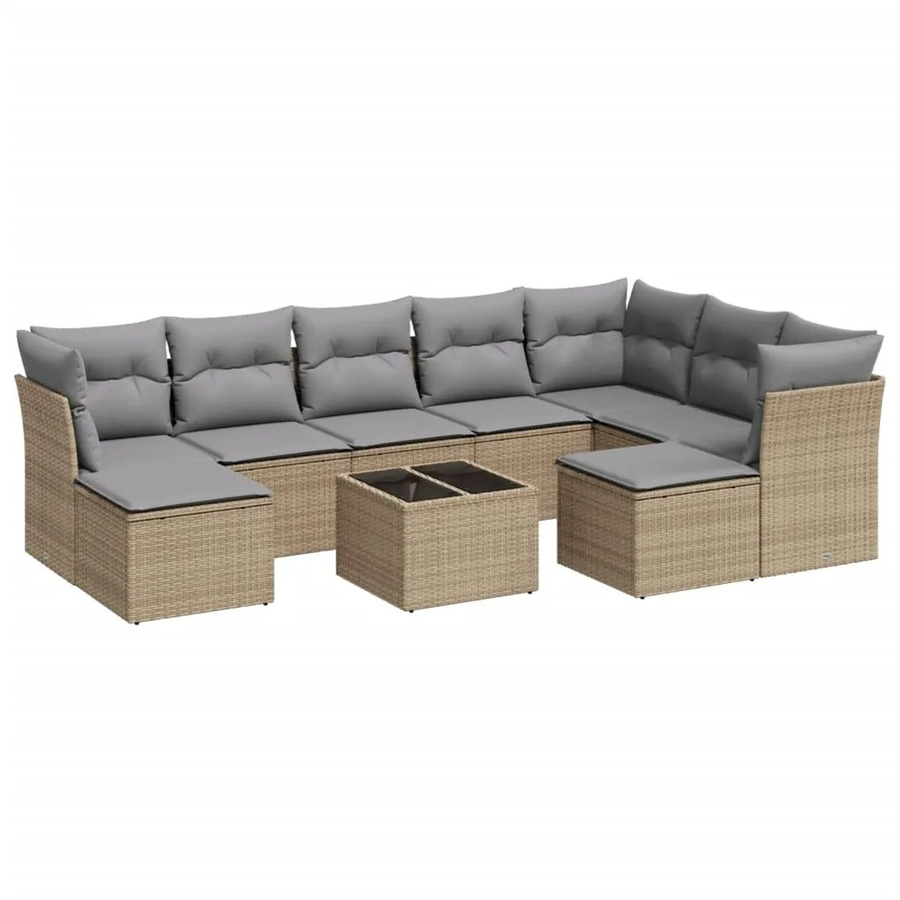 vidaXL 10-tlg Garten-Sofagarnitur in L-Form aus beigem Poly-Rattan mit Kissen und pulverbeschichtetem Stahlgestell - Bild 2