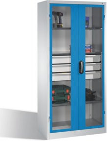 C+P Werkzeugschrank mit Sichtfenster-Drehtüren, 3 Böden, 3 Schubladen und Schloss, Front Lichtblau, Korpus Lichtgrau, H x B x T: 195 x 93 x 50 cm - Bild 1