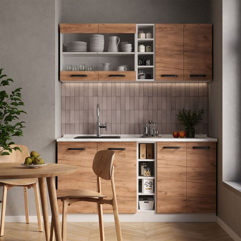 Vicco Singleküche R-Line Küchenzeile in Eiche Natur und Weiß mit Marmor-Optik, Breite: 160 cm - Bild 1
