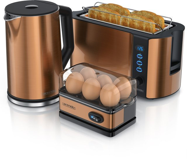 Arendo Frühstücks-Set bestehend aus 4-Scheiben Langschlitztoaster, 2200W Wasserkocher und 6er Eierkocher in Kupfer - Bild 1