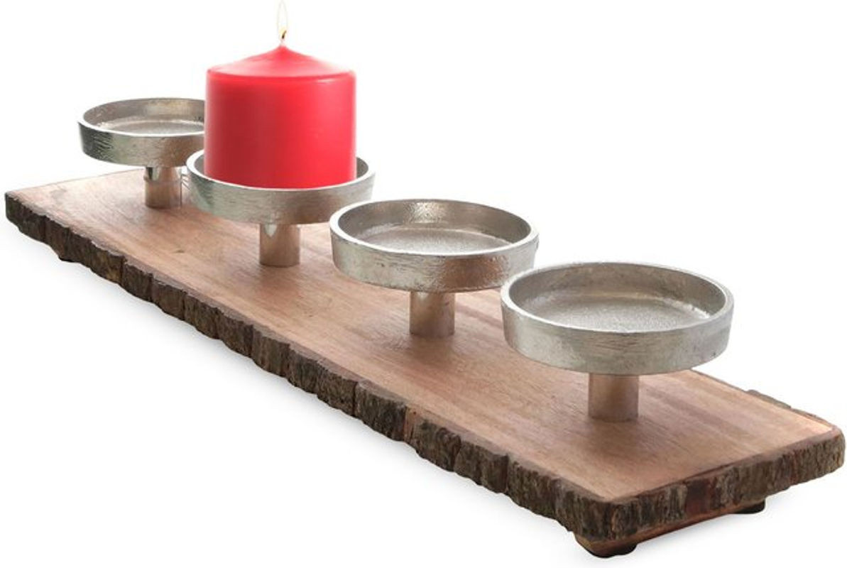 SPETEBO Advents-Teller aus Holz und Metall in Natur und Silber, rustikale Dekoration für Teelichter und Stumpenkerzen, B/T/H: 48 x 12 x 8,5 cm - Bild 1