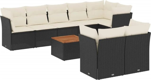 vidaXL 9-teilige Garten-Sofagarnitur in L-Form aus Poly-Rattan und Akazienholz mit Kissen, Schwarz-Creme - Bild 1