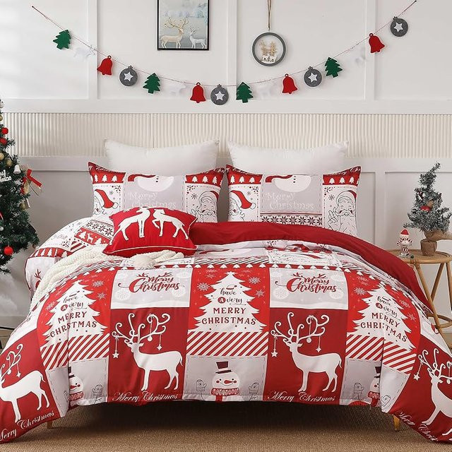 JMG Household Supplies Weihnachts-Bettwäsche-Set mit Rentier-Muster, 3-teilig, Grau/Rot, B/H: 135 x 200 cm - Bild 1