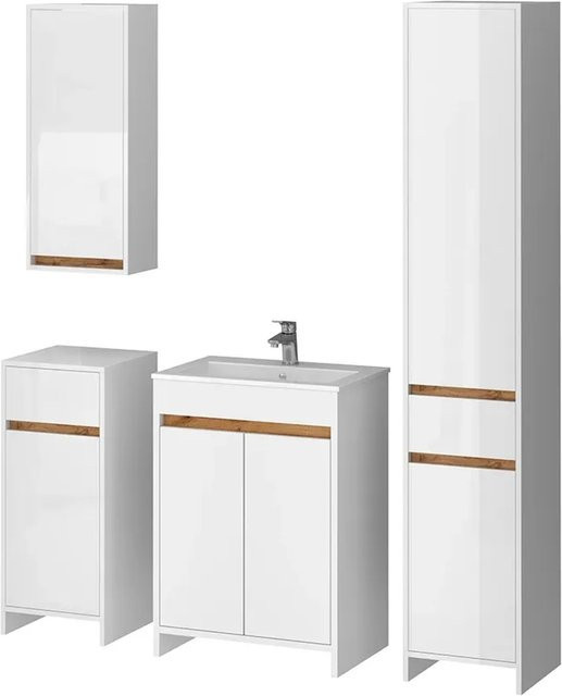 Vicco Badmöbel-Set Lemgo in Weiß Hochglanz und Eiche, 5-teiliges Badezimmer-Set mit 60 cm Breite - Bild 2