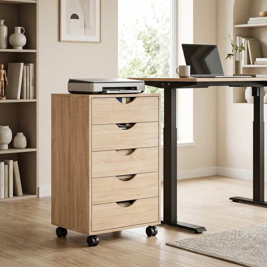 HOMCOM Rollcontainer mit 5 Schubladen in Eiche, mobiler Büroschubladenschrank mit Rollen für das Home Office oder Wohnzimmer, B/T/H: 40 x 40 x 67 cm - Bild 2