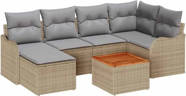 7-teiliges vidaXL Garten-Sofa-Set aus Poly Rattan in Beige mit Ecksofa, Tisch, Hocker und Sesseln - Bild 1