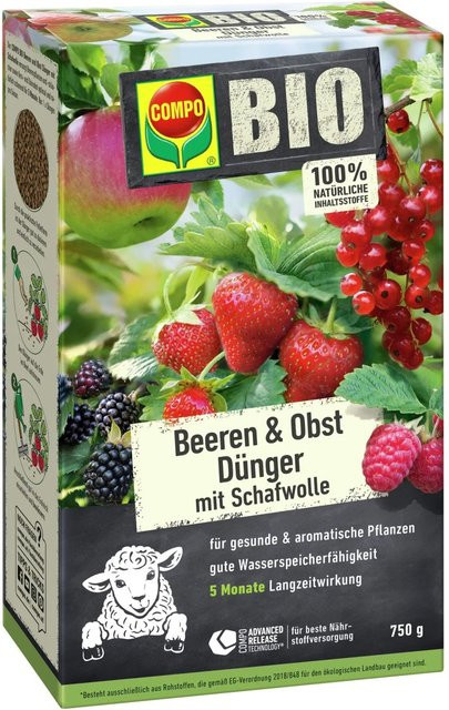 Compo Bio Beeren Langzeit-Dünger mit Schafwolle für Beerenpflanzen, Beerensträucher, Kernobst und Steinobst, 750 g - Bild 1