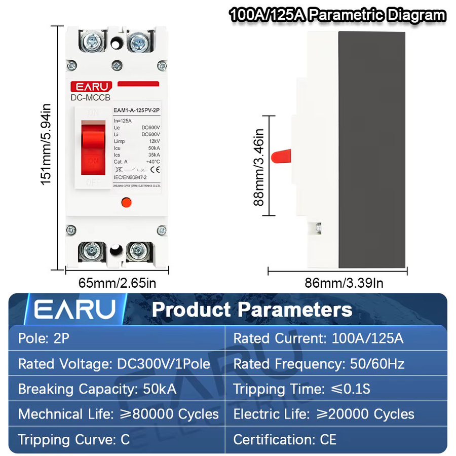EARU 2er Set 250A DC MCCB Solar-PV-Photovoltaik-Batterie-Schutzschalter mit Überlast- und Kurzschlussschutz in Weiß - Bild 2