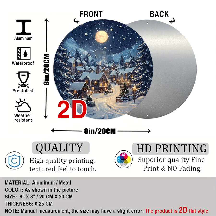 Potdemiel Vintage Rundes Metallschild Winternacht Schnee Dorf Szene Wandbehang Mehrfarbig Durchmesser: 20,32 cm - Bild 3