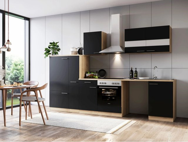 Respekta Küchenblock Merle modern in Eiche Sägerau Nachbildung und Schwarz mit Glasfronten und Soft-Close-Türen, B/H/T: 310 x 82 x 54 cm - Bild 1