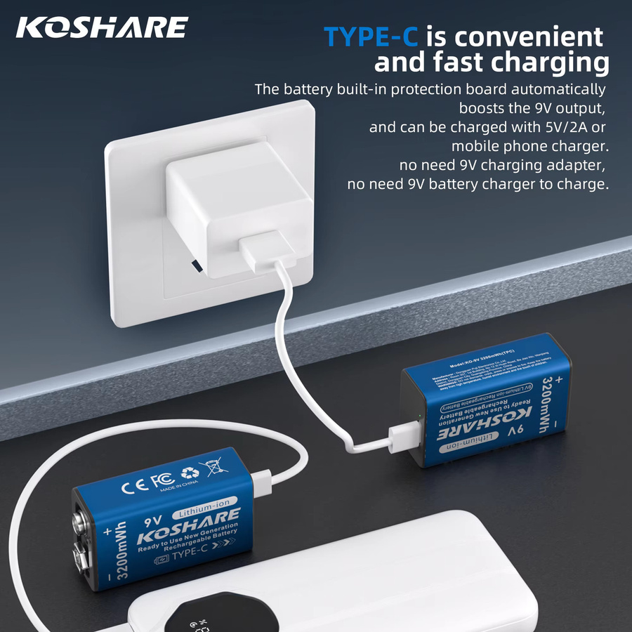 KOSHARE Akku 9V Lithiumbatterie mit Typ-C Anschluss, 3200mWh, Blau - Bild 2