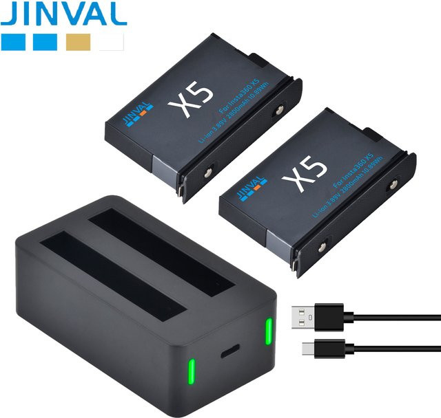 JINVAL Akku-Set für Insta360 X5 mit 2800 mAh und PD20W Schnellladegerät in Schwarz - Bild 1