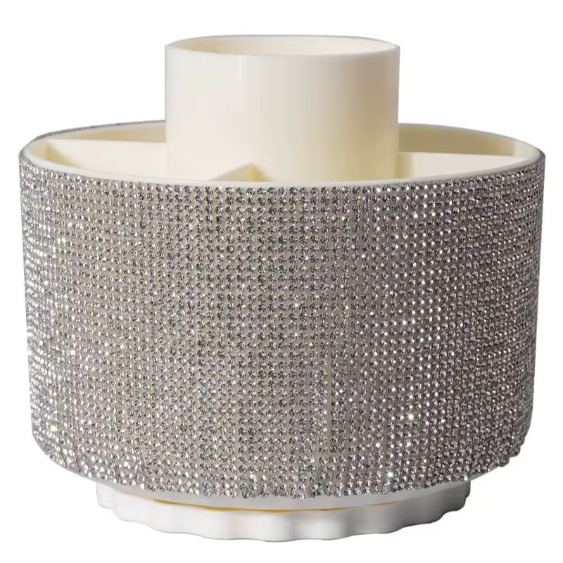 Klimonla Rotierender Stifthalter mit Diamant-Besatz, Multifunktionaler Make-up-Pinsel-Organizer und Schreibtisch-Aufbewahrungsbox in Pink und Silber - Bild 2