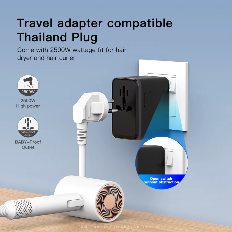 HKLAMIN 25W GaN 4-Port Schnellladegerät All-in-One Internationaler Reiseadapter mit 2 USB-C und 2 USB-A Anschlüssen in Schwarz - Bild 3