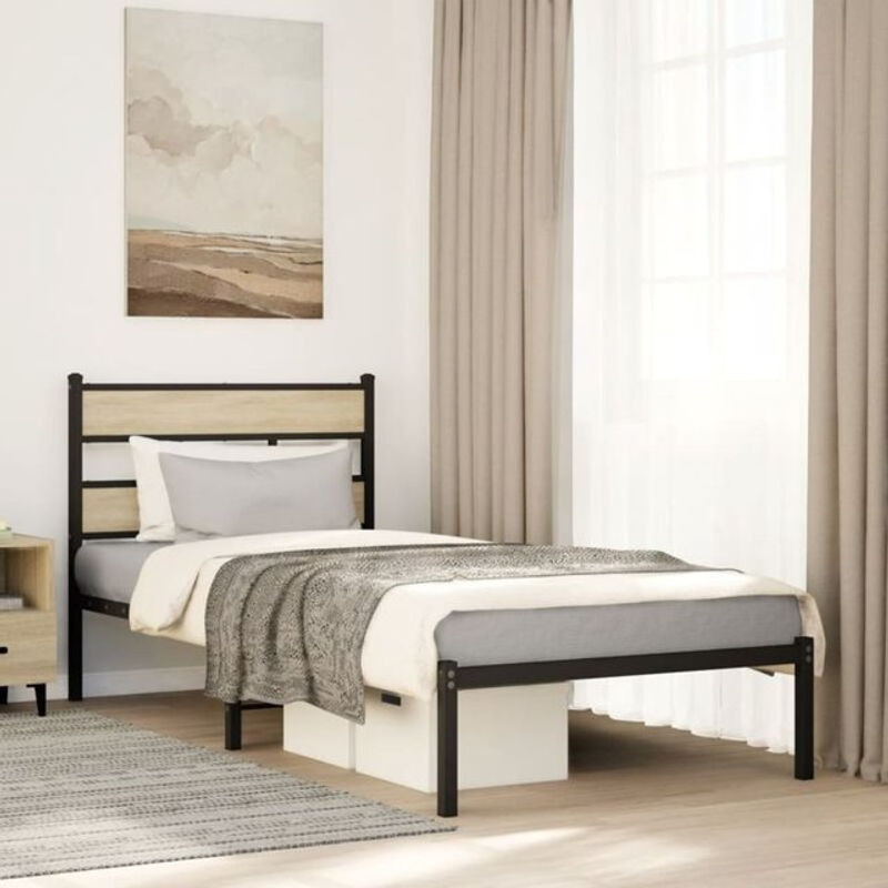 Metallbett Vidaxl in Sonoma-Eiche und Schwarz, B/T/H: 100 x 200 cm - Bild 1