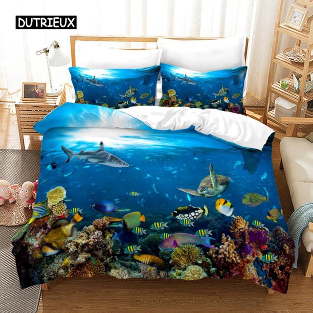 Binchi Outdoor Product Bettbezug-Set Unterwasserwelt mit Clownfisch und Hai in Blau, B/H: 140 x 210 cm - Bild 1