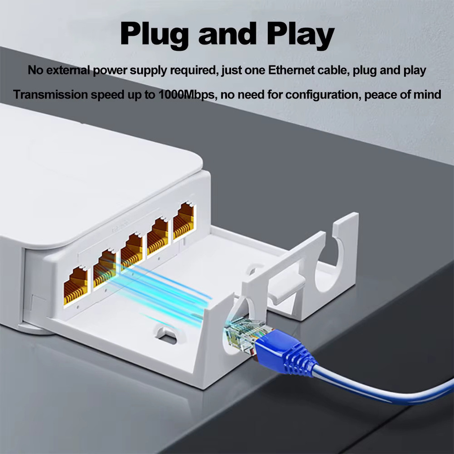 Kebidumei 5-Port PoE Extender Repeater IP55 Wasserdicht Netzwerk Switcher mit VLAN für IP-Kameras und Wireless AP, 100/1000 Mbit/s, Weiß - Bild 3