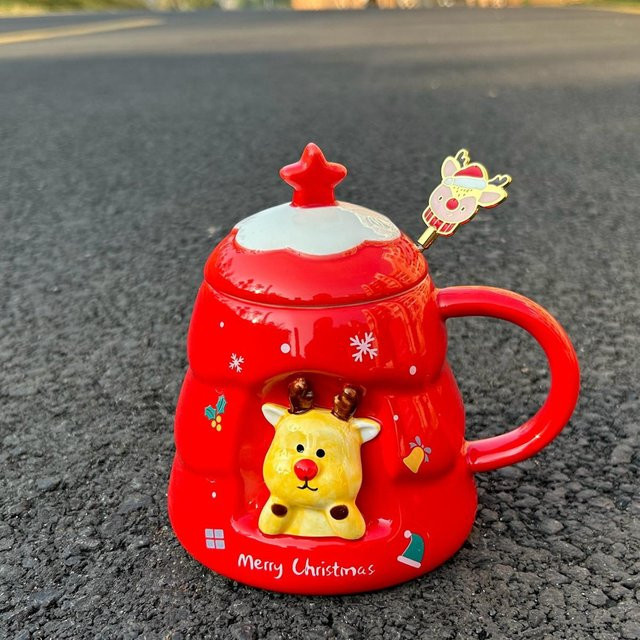 Kreative Weihnachtstasse aus Keramik mit Deckel und Löffel in Rot, 500 ml - Bild 1