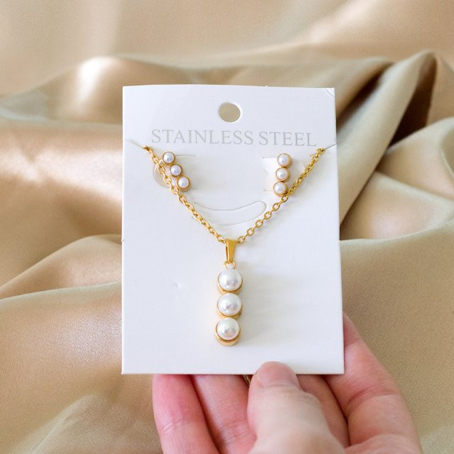 Luxukiskids Schmuck-Set, Halskette und Ohrringe, Edelstahl, Perle, Zirkonia, Weiß, Damen - Bild 1